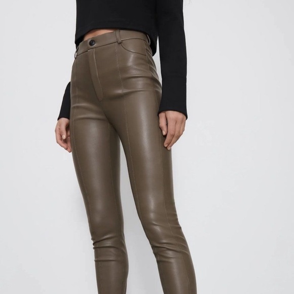Zara Pants - Zara Pants Faux Leather High Waisted Leggings Taupe Brown Neutral Minimalist
